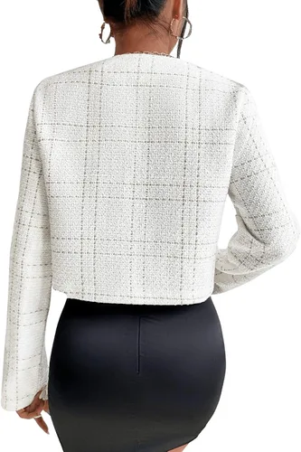 Vista 2 de SweatyRocks Chaqueta corta de manga larga a cuadros con cuello redondo y botones para mujer