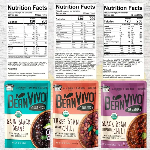 Vista 2 de BeanVIVO - Variedad de 3 paquetes (10 onzas cada uno) - Frijoles negros orgánicos Baja, Chile vegano de tres frijoles, chile chipotle de frijoles