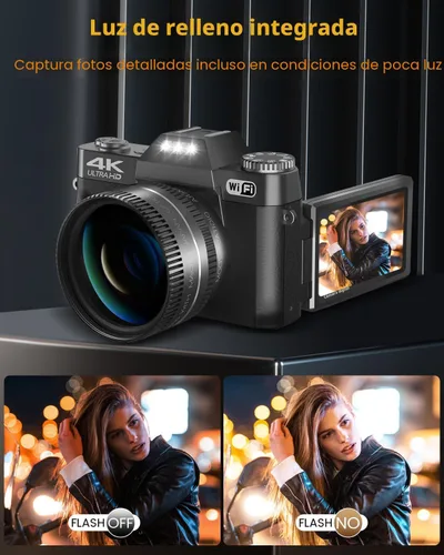 Vista 5 de VJIANGER 2025 Actualización Cámara digital 6K de 64 megapíxeles para videoblogs y fotografía para YouTube con WiFi, pantalla giratoria de 180°, zoom