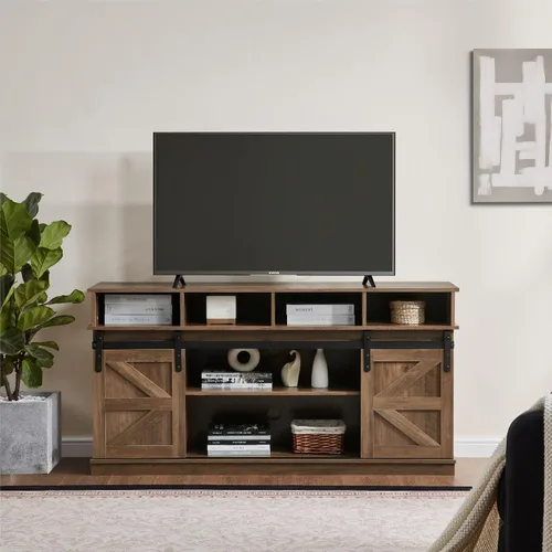 Vista 11 de Soporte de TV con puerta corrediza de granero, centro de entretenimiento de madera moderna y rústica, armario de almacenamiento, mesa de estar