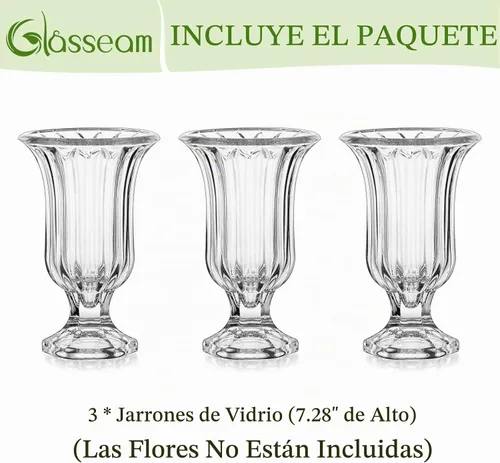 Vista 8 de Glasseam Jarrón de cristal con pedestal para flores, juego de 3 jarrones de compota de 7.5 pulgadas de alto, jarrones transparentes para centros