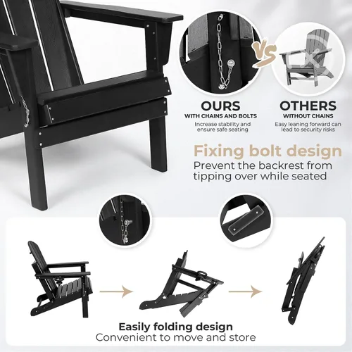 Vista 4 de Silla Adirondack plegable de HDPE, silla de patio al aire libre con soporte para tazas, silla de césped de grano de madera resistente a