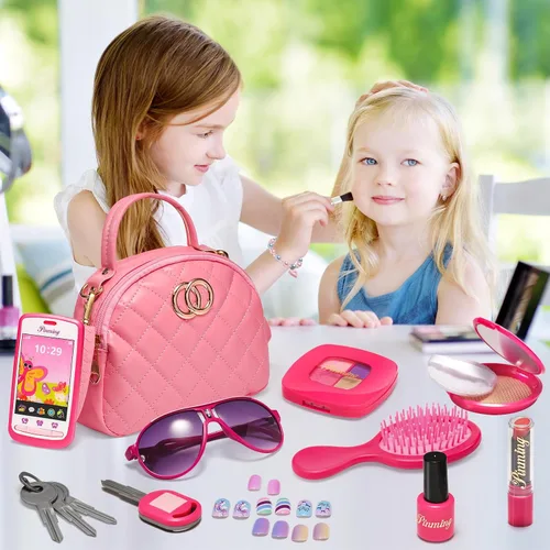 Vista 8 de Bolso de niñas pequeñas, juego de maquillaje de simulación para niños de 3-5 y 4-6 años, bolsos para niños con accesorios, bolso de mano rosa, kit