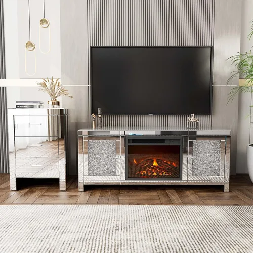 Vista 8 de IKIFLY Soporte de TV con chimenea con espejo, centro de entretenimiento