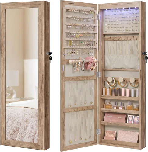 Vista 9 de Songmics - UJJC093B01 - Armario para joyas que se puede cerrar con llave, de montaje en pared o puerta, con espejo de 6 luces LED, para Negro