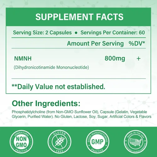 Vista 2 de Suplemento NMNH puro 120 cápsulas – 800 mg de suplementos de NMNH de alta pureza, suplemento de NAD para Boost NAD+ para energía celular
