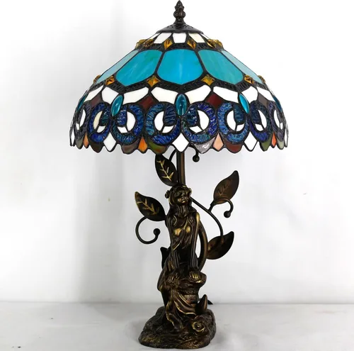 Vista 2 de Tiffany - Lámpara de mesa con vitrales, 12 x 12 x 18.5 pulgadas, escultura de resina, luz de lectura antigua (joyería azul barroco) Escultura