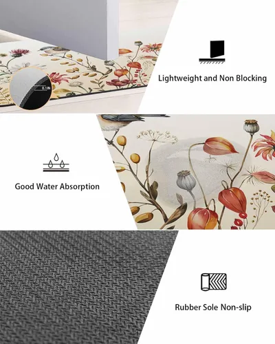 Vista 3 de Tapete de baño antideslizante para bañera, diseño de pájaros y flores, de secado rápido y absorbente, de tierra de diatomeas, tapete de cocina