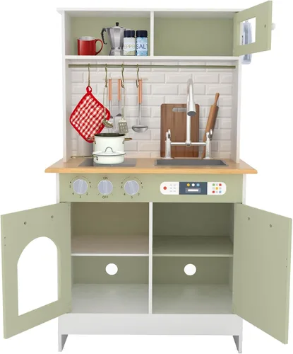 Vista 8 de Teamson Kids Little Chef Juego de cocina de madera – Cocina de simulación verde y blanco para niños con perillas interactivas, puertas y ganchos