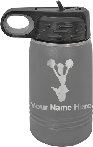Vista 67 de LaserGram Botella de agua con tapa abatible de doble pared de 12 onzas con pajita, animadora, grabado personalizado incluido (negro)