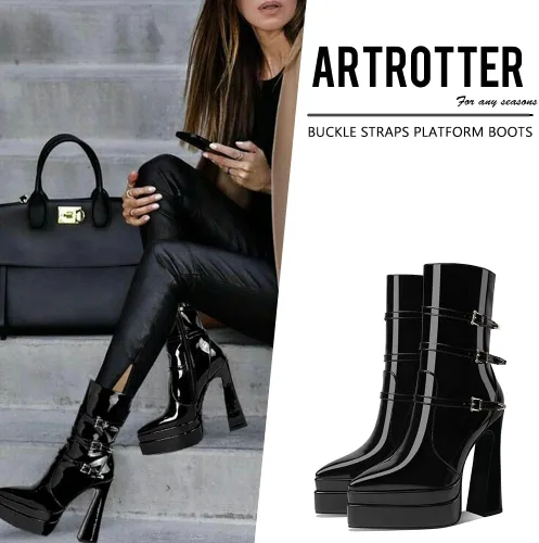 Vista 2 de Artrotter Botas de plataforma puntiaguda para mujer, botas de combate de tacón alto con cremallera de tamaño, botines de plataforma doble apilada