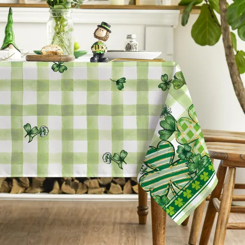 Vista 4 de Horaldaily Mantel rectangular del Día de San Patricio de 52 x 70 pulgadas, funda de mesa de trébol a cuadros de búfalo para decoración de fiesta
