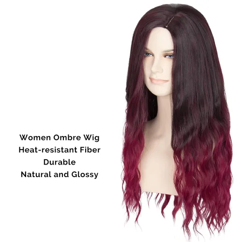 Vista 3 de MISS U HAIR Peluca larga ondulada para mujer, color negro natural degradado con morado y rosa, peluca de película de Halloween, peluca de fiesta