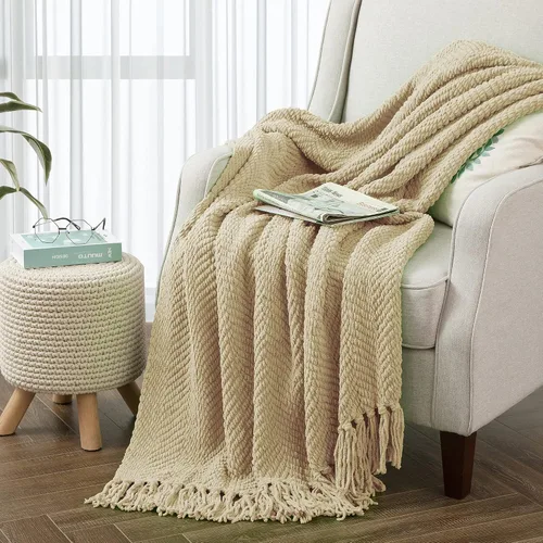 Vista 29 de Manta de punto suave con textura para sofá, manta de tweed crema con borlas de flecos para decoración del hogar, cama, sofá, silla, 50 x 60 Blanco