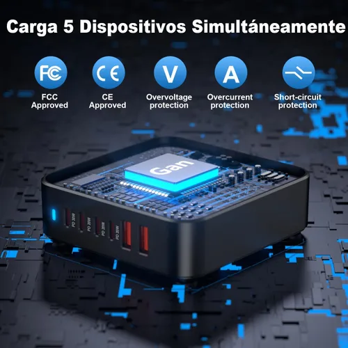 Vista 5 de Bloque de cargador rápido USB C, adaptador de concentrador de estación de carga de 120 W, 6 puertos, cargador múltiple de pared USB C con Negro