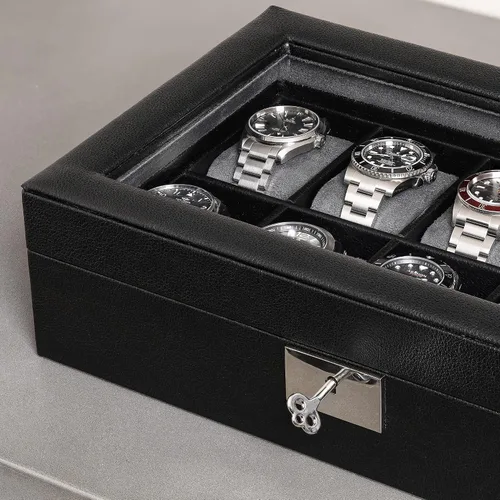 Vista 7 de ROTHWELL Caja de reloj de cuero con 10 ranuras, organizador de joyas de lujo, soporte para reloj con tapa de cristal grande, organizador de caja
