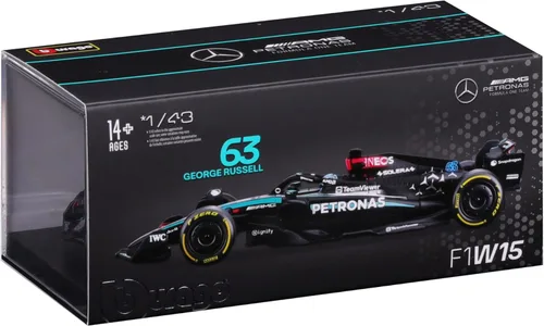 Vista 10 de Bburago 1:43 Scale 2024 Formula Race Mercedes W15 Vehículo fundido a presión con casco, Russell # 63