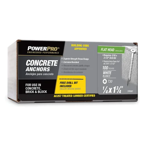 Vista 8 de Power Pro Anclajes de tornillo de hormigón de cabeza plana blancos (1/4" x 1-1/4") - 100 piezas