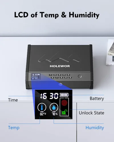 Vista 2 de HOLEWOR - Caja fuerte para pistolas, cajas fuertes biométricas para pistolas con pantalla LCD de temperatura y humedad, caja fuerte para pistolas