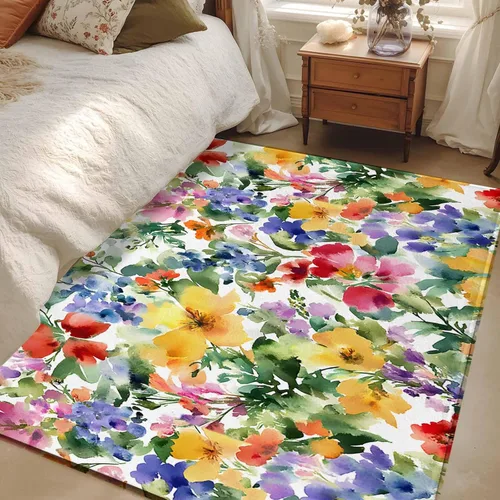 Vista 11 de Round Rugs 3 Feet, Green Yellow Floral Non Slip Area Rugs for Living Room, Bedroom, Barhroom, Entryway, Purple Blue Watercolor Retro Leaf Soft