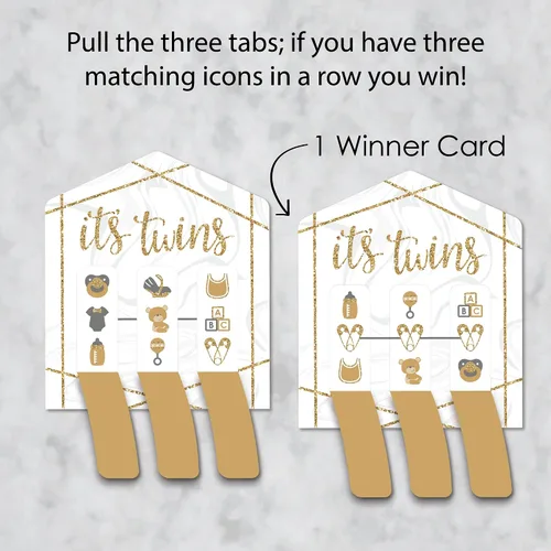 Vista 3 de Big Dot of Happiness It's Twins - Juego de 12 tarjetas Gold Twins para baby shower, pestañas de tracción 3 en una fila
