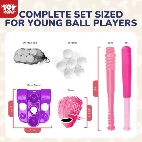 Vista 2 de TOY Life Juego de pelota en T para niños de 3-5, 5-8, juego de béisbol para niñas, juegos de soporte de pelota en T con guante de béisbol, camiseta