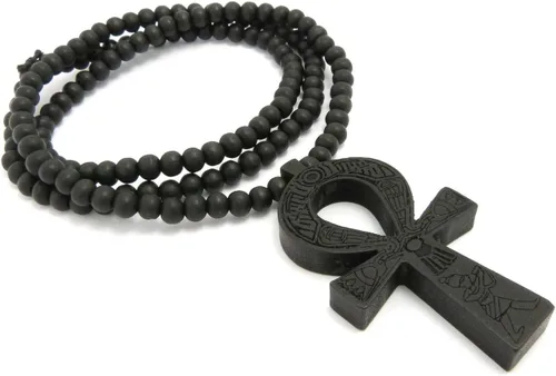 Vista 4 de Fashion 21 Colgante de cruz egipcia Ankh de 0.236 in, 27 pulgadas, collar de cuentas de madera elástico (3 colores disponibles)