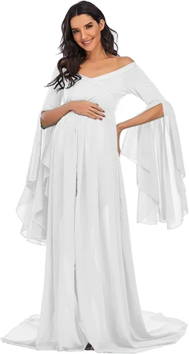 Vista 3 de ZIUMUDY Vestido largo de gasa con hombros descubiertos para sesión de fotos, mangas acampanadas, vestido dividido para fotografía, baby shower