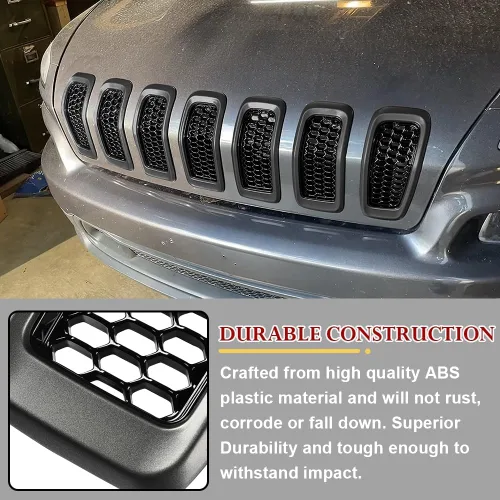 Vista 3 de JSCARLIFE J-eep Cherokee 2014-2018 - Kit de 7 piezas de insertos de rejilla de panal de abeja, cubiertas de malla estilo OEM, instalación con clip