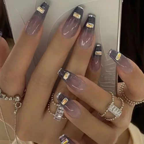 Vista 74 de Uñas postizas francesas a presión, uñas postizas largas de acrílico con forma de ataúd de cobertura completa, uñas postizas de bailarina