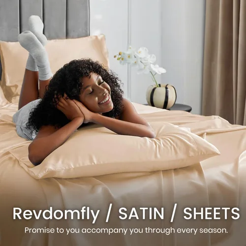 Vista 4 de Revdomfly Juego de 4 piezas de sábanas de satén de tamaño king de lujo ultra sedosas, suaves, de satén dorado, 1 sábana bajera premium de hasta 16