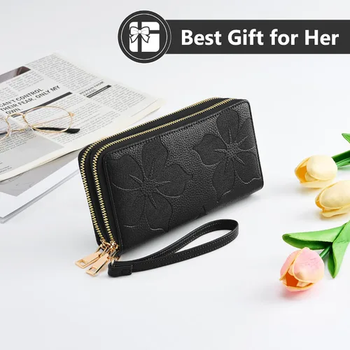 Vista 8 de Espera Cartera de mujer con bloqueo RFID de gran capacidad, tarjetero con doble cremallera, de cuero, con cartera para mujer con correa