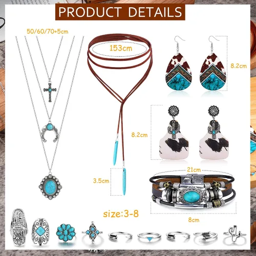 Vista 2 de Helicopchain Western Jewelry For Women Bohemian Turquoise Jewelry Set Turquoise Pendant Choker Necklace Turquoise Faux Leather Cuff Bracelet