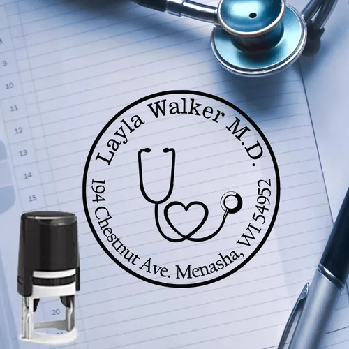 Vista 2 de Sello de dirección de retorno personalizado para estetoscopio médico, sello de goma autoentintado para profesionales médicos, médicos y enfermeras