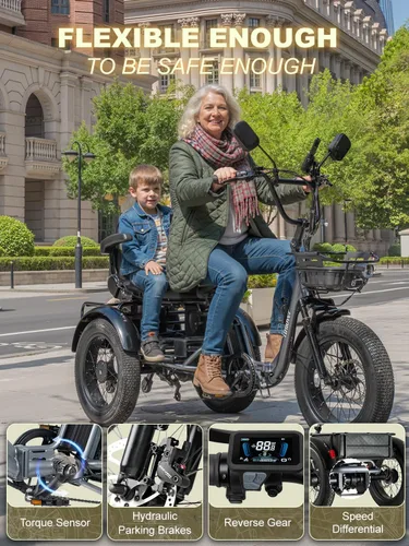 Vista 4 de Folding Electric Tricycle for Adults 2 Seater, 20MPH 100 Miles 4" Wide Fat Tire Electric Trike, 3 Wheel Electric Bike 1200W, 48V 20AH Battery