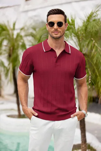 Vista 123 de COOFANDY Camisas polo de punto para hombre de manga corta con textura acanalada Camisas de golf casuales y ligeras con cuello Camiseta de polo