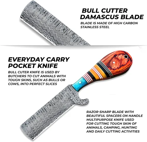 Vista 4 de Cuchillo de caza de Damasco hecho a mano, cuchillo de hoja fija de 8 pulgadas con funda, cuchillo de vaquero de espiga completa, cuchillo de Multi
