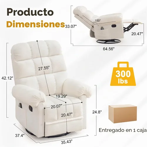 Vista 2 de Korser Silla reclinable giratoria de 360°, mecedora con masaje y calor, reclinables pequeños para espacios pequeños, silla reclinable manual