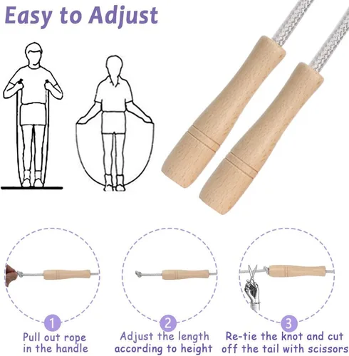 Vista 2 de Cuerda de saltar para niños, cuerda de saltar ajustable de algodón de 8.5 pies con mango de madera para niños y niñas, ejercicio al aire libre