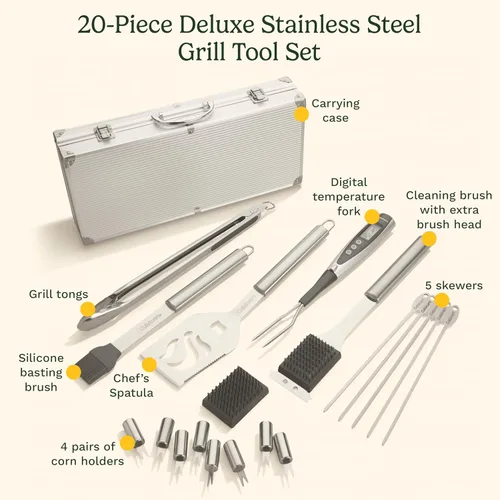 Vista 2 de Cuisinart Juego de Herramientas de Parrilla Deluxe, Juego de Parrilla de 20 Piezas, Accesorios para Barbacoa con Estuche de Aluminio, Accesorios