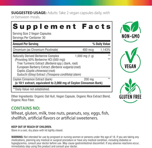 Vista 2 de Suplemento de berberina Rainbow Light con Canela de Ceilán 60 Cápsulas 1,000 mg Más cromo Procedente de 4 hierbas potentes
