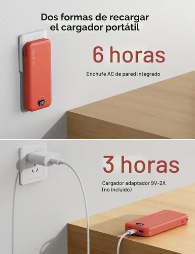Vista 7 de Banco portátil compacto del poder del cargador 10000mAh con los cables incorporados y el enchufe de la pared Rojo-10Ah