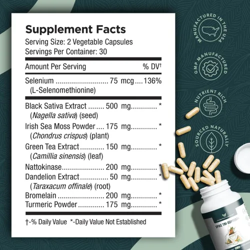 Vista 6 de Spike Tri-Support+ con nattoquinasa, bromelina y cúrcuma - Incluye extracto de diente de león, extracto de semilla negra, hoja de té verde, selenio