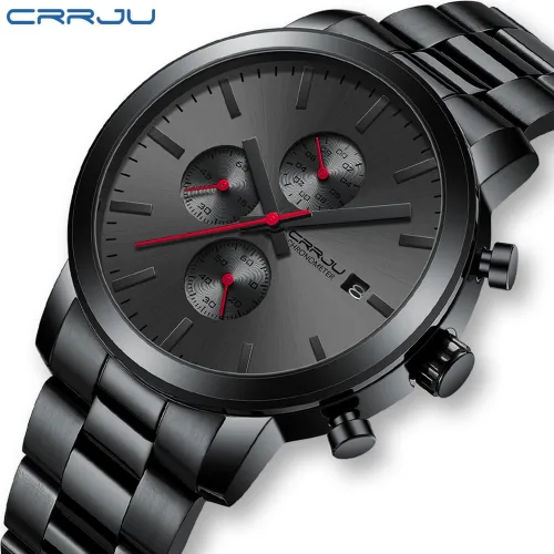 Vista 6 de CRRJU Relojes para hombres de lujo de acero inoxidable impermeable calendario cronógrafo analógico cuarzo relojes de pulsera
