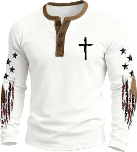 Vista 8 de Camisa Henley con la bandera estadounidense para hombre, cuello en V, manga larga, con estampado de Jesús, camiseta patriótica casual con botones