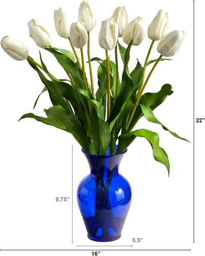 Vista 6 de Nearly Natural Arreglo artificial de tulipanes holandeses de 22 pulgadas en jarrón de color azul Blanco