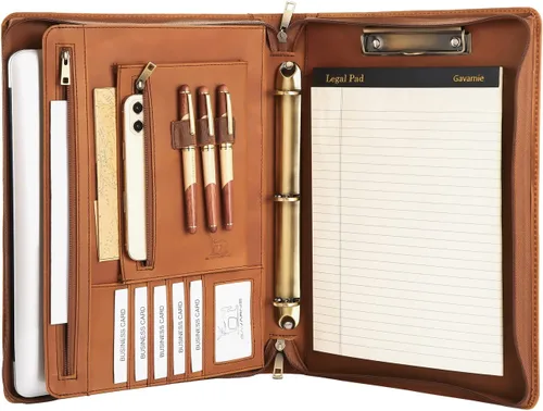 Vista 4 de Cartera de cuero genuino con cremallera para hombre, cartera de negocios para portátil de 13 pulgadas, con bloc de notas tamaño carta, color marrón
