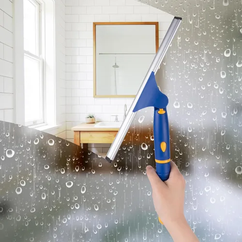 Vista 7 de Escobilla de ducha giratoria de 12 pulgadas para puertas de vidrio, escobilla multiusos con gancho y hoja de goma de repuesto, herramienta de Azul