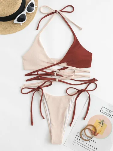 Vista 5 de ZAFUL Conjunto de bikini halter con bloques de color para mujer, traje de baño acanalado con lazo lateral