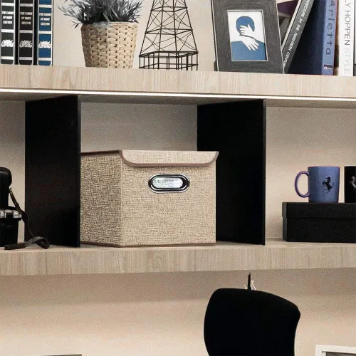 Vista 4 de Juego de 4 contenedores plegables de tela de lino con tapa, cajas organizadoras plegables, 10 x 10 x 10 pulgadas (beige)